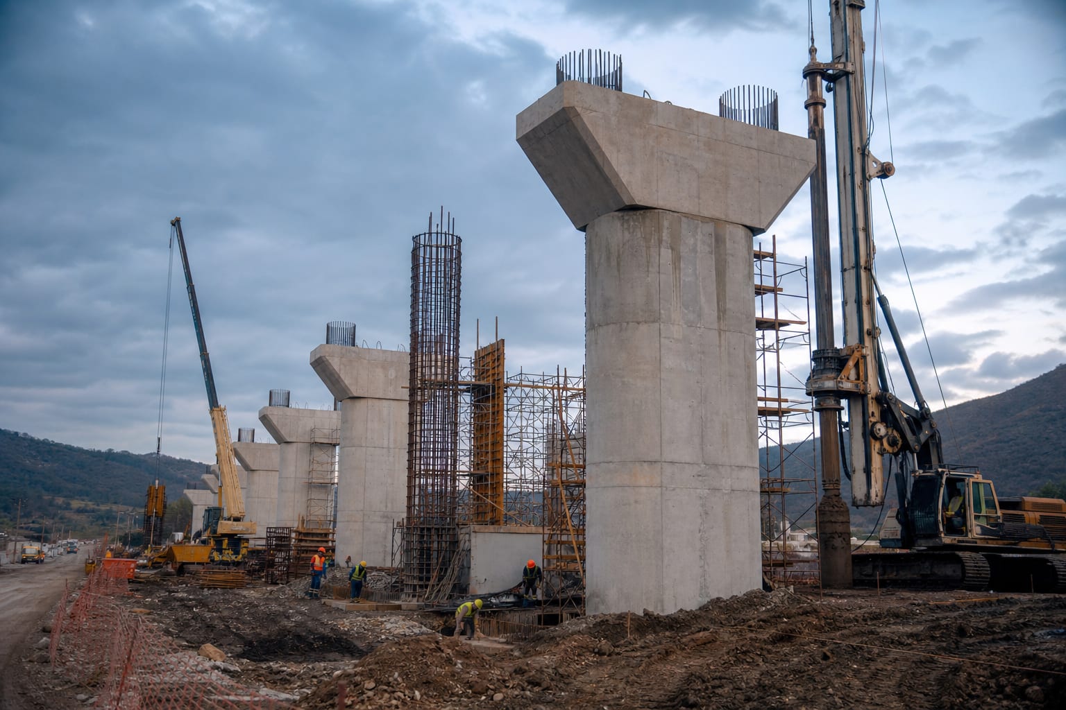 Pilas y cimentaciones de puente en obra
