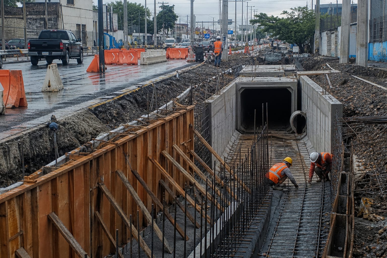 Canal pluvial en construcción junto a una vialidad