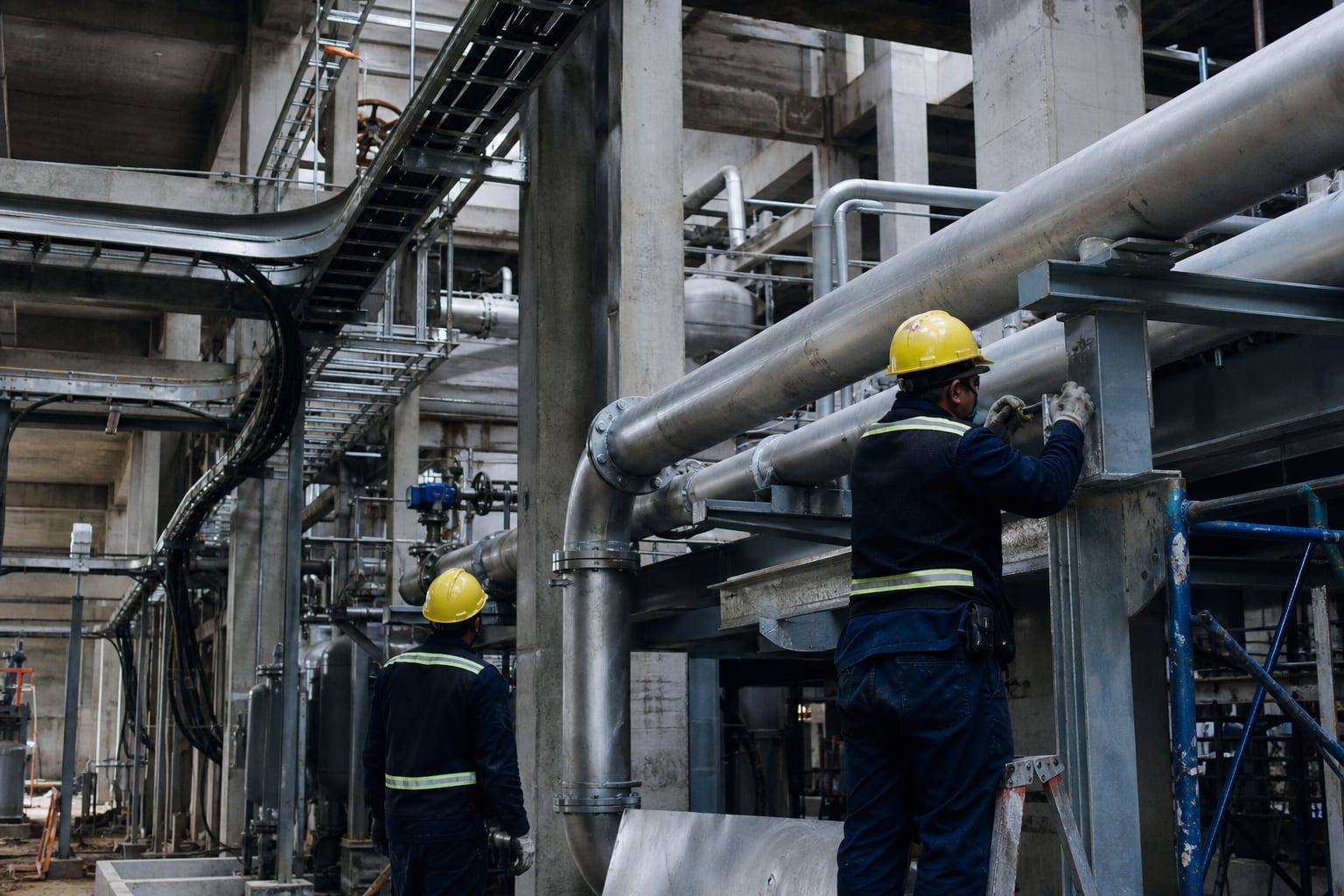 Tuberías industriales y personal técnico en un frente de instalación